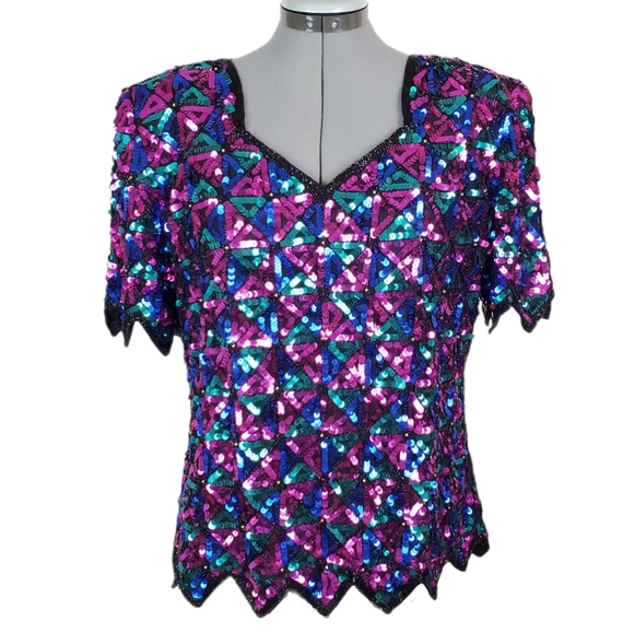 LAST CHANCE Vtg Laurence Kazar | L | 100% silk sequin v-neck - Picture 1 of 10
